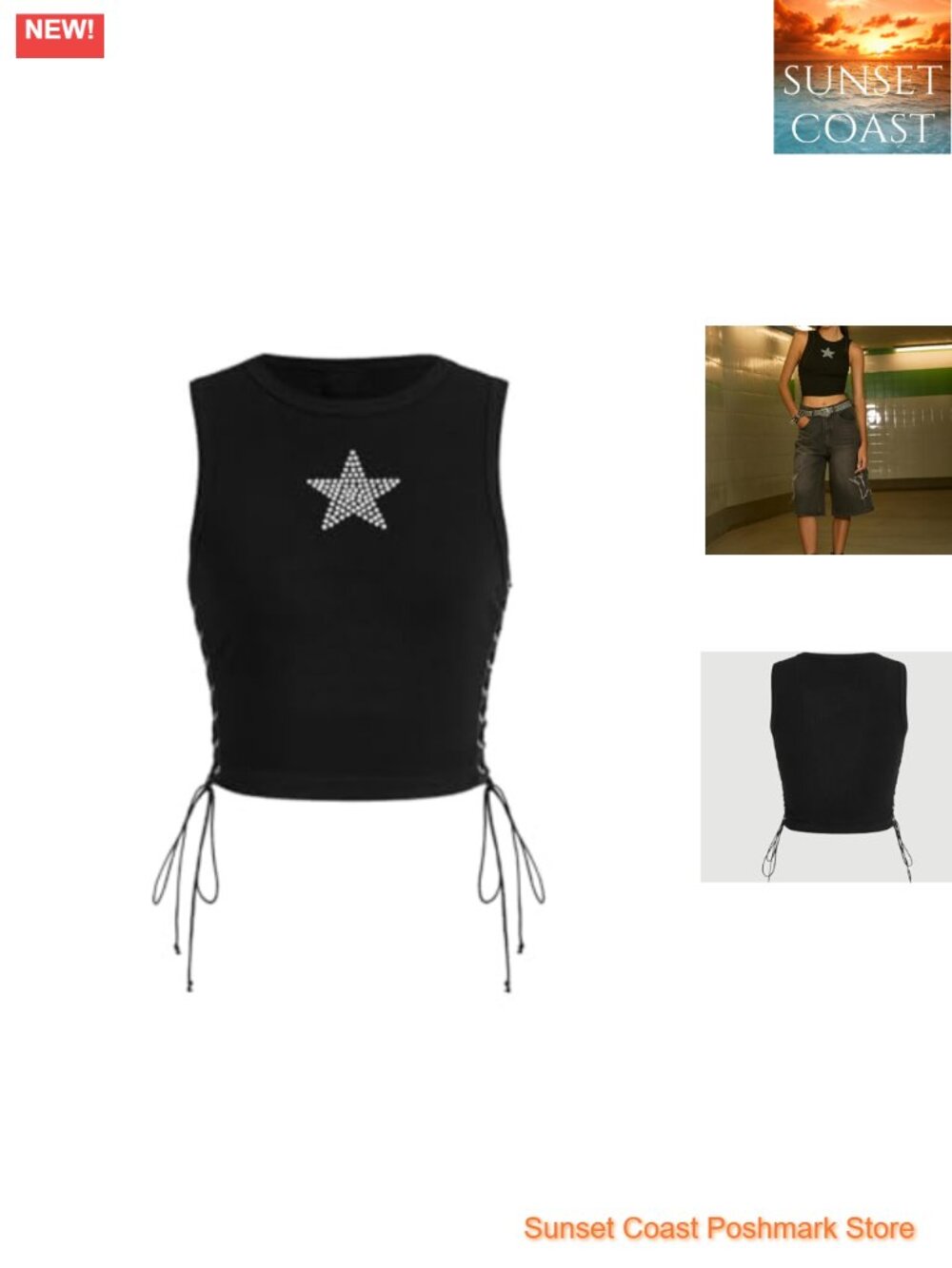 Sleeveless Rhinestone Lace Up Crop Top - Y2K Summer Concert Outfit